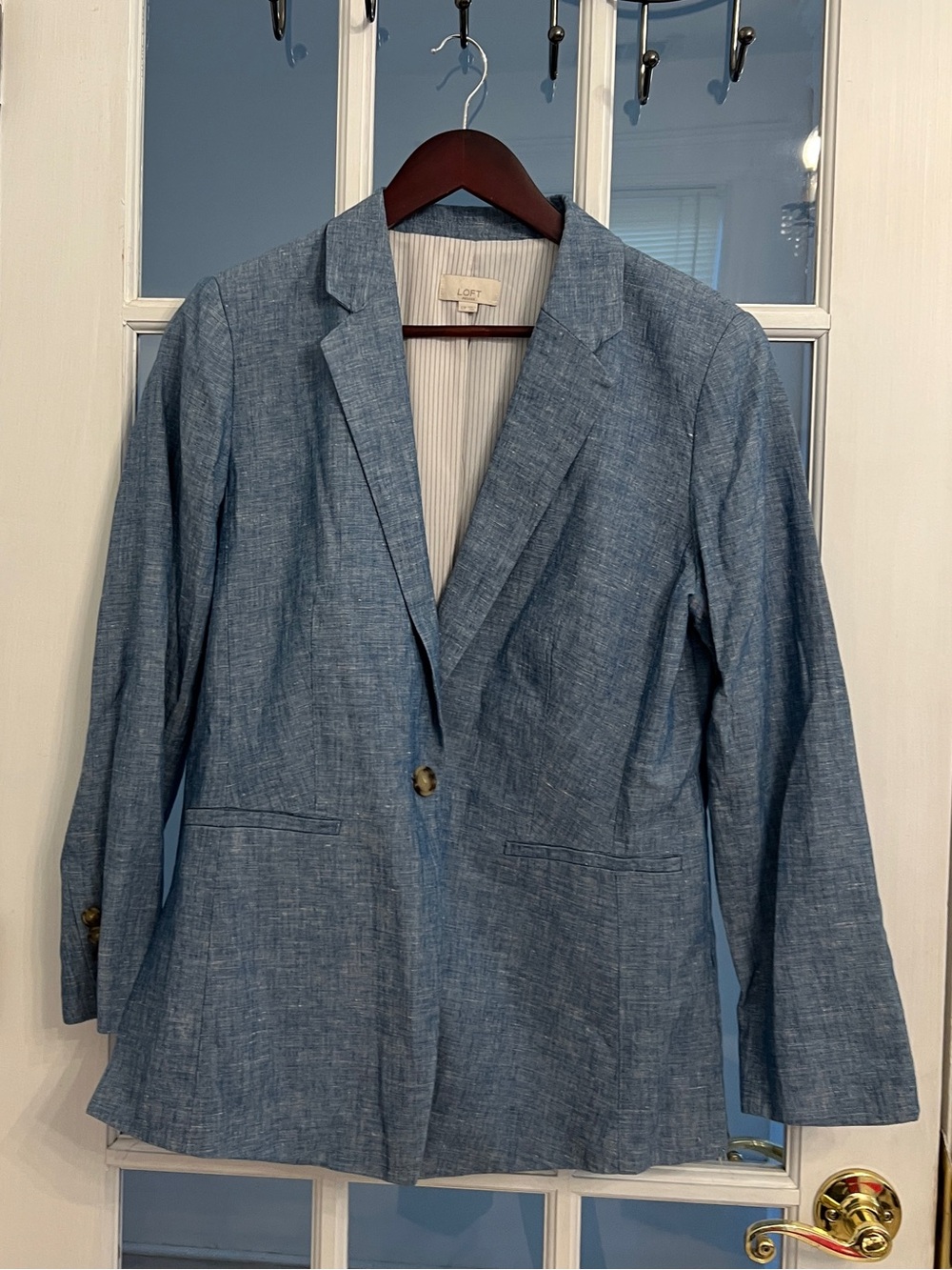 LOFT Women’s Petite Blue Chambray Linen Blend One Button Blazer Jacket 12P